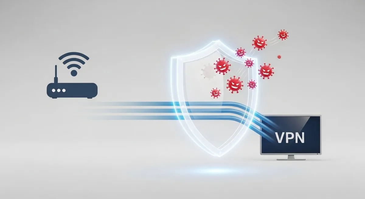 An illustration of a digital shield protecting the data stream between a router and a TV, symbolizing the security and privacy provided by a VPN for IPTV.