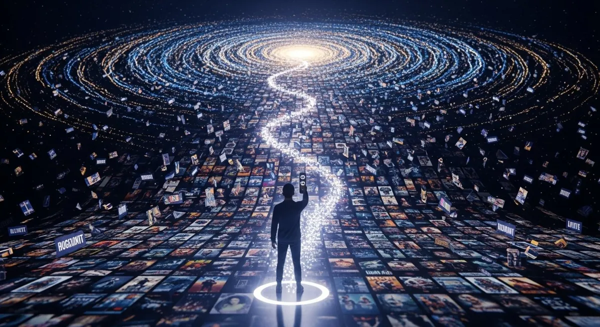 A person navigating a vast, futuristic galaxy of streaming movies and shows with a glowing remote control, symbolizing an endless content library.