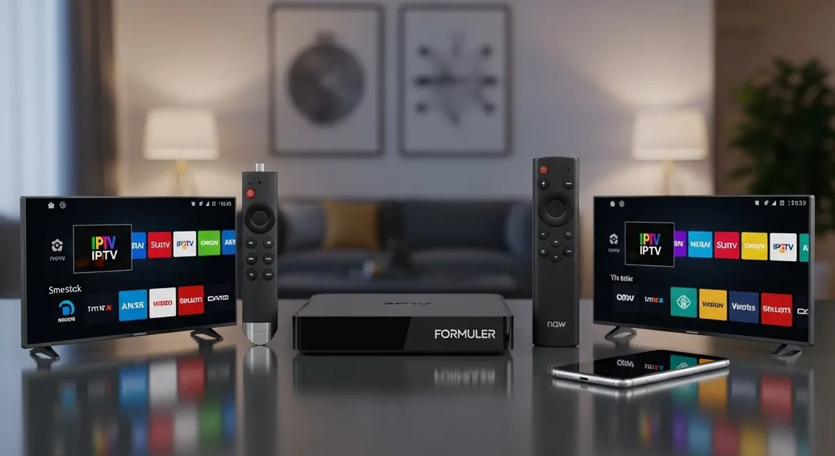 Οι καλύτερες συσκευές για IPTV, συμπεριλαμβανομένων ενός Android TV Box, Amazon Firestick και ενός τηλεχειριστηρίου Smart TV, σε ένα μοντέρνο σαλόνι.