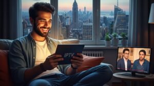 A Greek man living abroad smiles as he watches Greek television on his tablet, feeling connected to his home country.