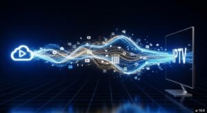 A futuristic illustration showing a glowing stream of data flowing from a cloud to a modern television, representing how IPTV technology works.