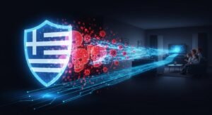 A glowing, transparent digital shield with the Greek flag pattern on it, positioned in front of a family. The shield is actively deflecting red, glitchy digital icons representing malware and viruses, while a secure blue stream of data flows safely through it.