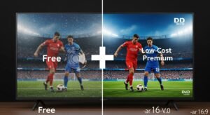 A split-screen image comparing two IPTV experiences. The left side shows a pixelated, buffering screen with generic channel icons, labeled "Free." The right side shows a crystal-clear, high-definition sports game on a TV, labeled "Low-Cost Premium." A plus symbol is in the middle.