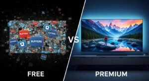 A split-screen comparison showing a pixelated, buffering screen for free IPTV on one side, and a crystal-clear, high-definition image for premium IPTV on the other.