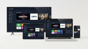 A display of multiple devices—a smart TV, laptop, tablet, and smartphone—all running the same Greek IPTV service seamlessly.