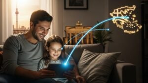 A collection of devices including a Smart TV, laptop, smartphone, and TV box, all displaying a Greek IPTV channel guide to show multi-device compatibility.