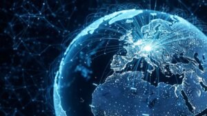 A digital globe showing luminous lines connecting Greece to the rest of the world, symbolizing how Greek IPTV unites the Greek diaspora.