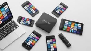 A Greek family living abroad happily watching Greek television on a tablet, symbolizing the connection to their home country through Greek IPTV.