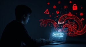 Εικαστική αναπαράσταση των κινδύνων των δωρεάν M3U λιστών, όπου ψηφιακά, κακόβουλα πλοκάμια βγαίνουν από μια οθόνη υπολογιστή προς τον χρήστη, συμβολίζοντας malware και phishing.