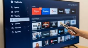 Κοντινό πλάνο σε μια οθόνη τηλεόρασης που δείχνει μια καλά οργανωμένη διεπαφή IPTV player με κατηγορίες, αγαπημένα και ηλεκτρονικό οδηγό προγράμματος (EPG) για ελληνικά κανάλια.