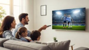 Μια χαρούμενη ελληνική οικογένεια παρακολουθεί τηλεόραση σε μια σύγχρονη Smart TV, αναδεικνύοντας την εμπειρία θέασης του IPTV στο σπίτι.