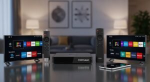 Οι καλύτερες συσκευές για IPTV, συμπεριλαμβανομένων ενός Android TV Box, Amazon Firestick και ενός τηλεχειριστηρίου Smart TV, σε ένα μοντέρνο σαλόνι.