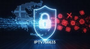 Εννοιολογική εικόνα για την ασφάλεια του IPTV, που δείχνει μια ψηφιακή ασπίδα (VPN) να προστατεύει τη σύνδεση του χρήστη από ψηφιακές απειλές.