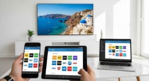 Προβολή ελληνικής IPTV σε Smart TV, κινητό, tablet και laptop, που δείχνει την ευελιξία της υπηρεσίας.