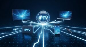 Γραφική απεικόνιση που δείχνει μια κεντρική υπηρεσία IPTV να συνδέεται απρόσκοπτα με πολλές συσκευές: TV, laptop, κινητό και TV box.