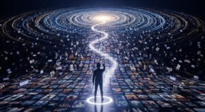 A person navigating a vast, futuristic galaxy of streaming movies and shows with a glowing remote control, symbolizing an endless content library.