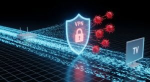 Εννοιολογική εικόνα που δείχνει μια ασπίδα VPN να προστατεύει τη ροή δεδομένων μιας IPTV σύνδεσης από ψηφιακές απειλές.