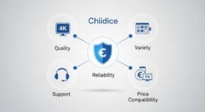 Γράφημα με τα κριτήρια επιλογής για την καλύτερη ελληνική IPTV, όπως αξιοπιστία, ποιότητα και υποστήριξη.