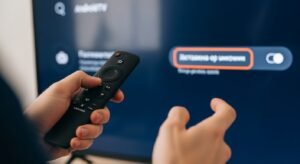 Κοντινό πλάνο σε χέρια που κρατούν τηλεχειριστήριο Android TV, δείχνοντας τη ρύθμιση για την εγκατάσταση εφαρμογών IPTV.