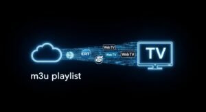 Ψηφιακή αναπαράσταση μιας νόμιμης λίστας m3u για IPTV, με ροή από το cloud σε μια οθόνη.