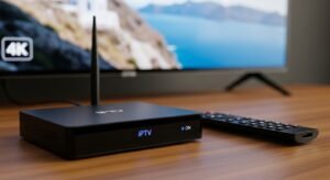 Κοντινό πλάνο σε ένα high-tech, μαύρο IPTV Greek TV Box με το τηλεχειριστήριό του, τονίζοντας την ποιότητα και τον σχεδιασμό του.
