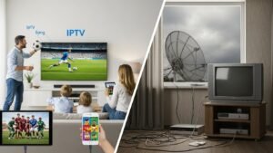 Συγκριτική εικόνα που δείχνει την ευελιξία του IPTV σε πολλές συσκευές αριστερά, σε αντίθεση με την καλωδίωση και τους περιορισμούς της παραδοσιακής δορυφορικής τηλεόρασης δεξιά.