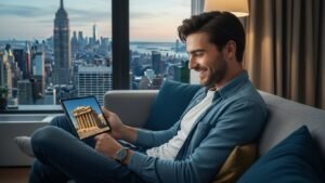 Έλληνας του εξωτερικού παρακολουθεί χαρούμενος ελληνική τηλεόραση μέσω IPTV στο tablet του, νιώθοντας κοντά στην πατρίδα.