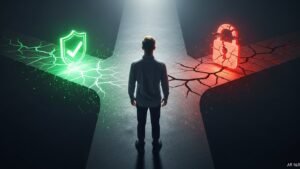 Εννοιολογική εικόνα που δείχνει τη διαφορά μεταξύ νόμιμου και παράνομου IPTV, με έναν ασφαλή δρόμο και έναν επικίνδυνο.