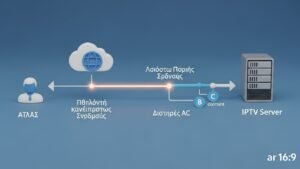 Γράφημα που εξηγεί τεχνικά τι είναι το IPTV: ο χρήστης ζητά ένα κανάλι και ο server στέλνει μόνο αυτή τη ροή.