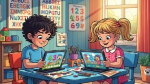 Παιδιά μαθαίνουν γράμματα και αριθμούς παρακολουθώντας ελληνικά παιδικά κανάλια IPTV.