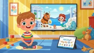 Παιδί παρακολουθεί ελληνικά παιδικά κανάλια IPTV σε tablet και τηλεόραση σε πολύχρωμο