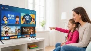 Γονέας δείχνει σε παιδί επιλογές ελληνικών παιδικών καναλιών IPTV σε smart TV