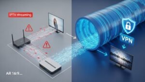 Εικονογράφηση της λειτουργίας ενός VPN που προστατεύει τη ροή δεδομένων IPTV, δείχνοντας τη διαφορά μεταξύ ασφαλούς και μη ασφαλούς σύνδεσης.