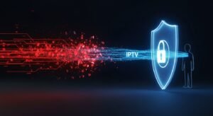 Συμβολική εικόνα μιας ψηφιακής ασπίδας που προστατεύει τον χρήστη, διαχωρίζοντας τις νόμιμες από τις παράνομες υπηρεσίες IPTV.