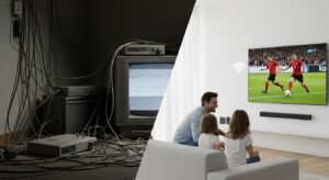 Οπτική σύγκριση που δείχνει την ακαταστασία των παλιών καλωδίων της παραδοσιακής τηλεόρασης σε αντίθεση με την απλότητα του IPTV.