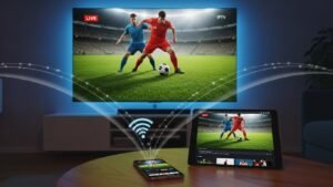 Μοντέρνο σαλόνι με Smart TV και συσκευές που προβάλλουν ελληνικά αθλητικά κανάλια IPTV μέσω διαδικτύου.