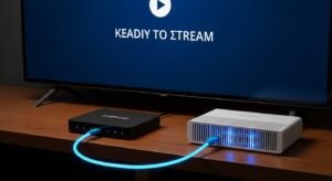 Android TV Box συνδεδεμένο με router για σταθερό streaming IPTV.