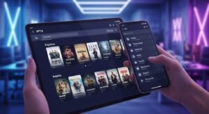 Διεπαφή εφαρμογής IPTV σε tablet και κινητό με ελληνικά κανάλια.