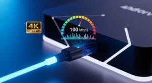 Ένα καλώδιο οπτικής ίνας συνδεδεμένο σε αποκωδικοποιητή, συμβολίζοντας την ταχύτητα που απαιτείται για 4K IPTV.
