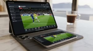 An iPad and iPhone side-by-side on a marble counter, both streaming a live Greek football match using a synchronized IPTV app interface.