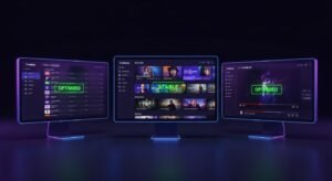 Τρεις οθόνες που δείχνουν βελτιστοποιημένες εφαρμογές IPTV (TiviMate, Smarters Pro) με πράσινες ενδείξεις σταθερότητας.