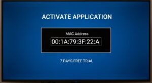 An image showing a smart TV remote pointing at the Smart IPTV app "Install" button on an app store interface.