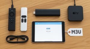 Various streaming devices (Fire Stick, Apple TV) arranged around a tablet showing the GSE IPTV setup screen.