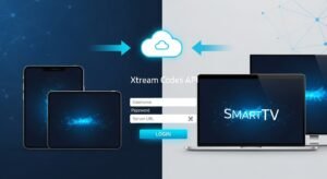 Εικονογράφηση που δείχνει τη φόρμα σύνδεσης Xtream Codes API στο IPTV Smarters Pro σε διάφορες συσκευές.