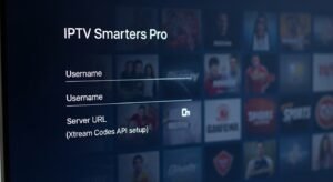 The login screen of IPTV Smarters Pro on a Samsung TV showing fields for Xtream Codes API connection.