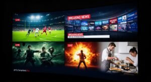 Μια Smart TV που δείχνει τη λειτουργία Multi-Screen του IPTV Smarters Pro, αναπαράγοντας τέσσερα διαφορετικά κανάλια ταυτόχρονα.