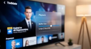 Close-up of a Smart TV screen showing the settings menu of an IPTV app with the buffer size slider set to 'Large' for stable streaming.