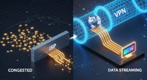 Digital illustration showing a secure VPN tunnel bypassing an ISP barrier to deliver smooth, high-speed data to a television.
