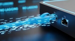 Ένα καλώδιο Ethernet συνδέεται σε ένα TV Box, εξασφαλίζοντας σταθερή και γρήγορη σύνδεση internet για IPTV χωρίς διακοπές.