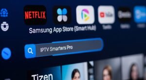 Searching for the IPTV Smarters Pro application within the official Samsung Smart Hub app store.